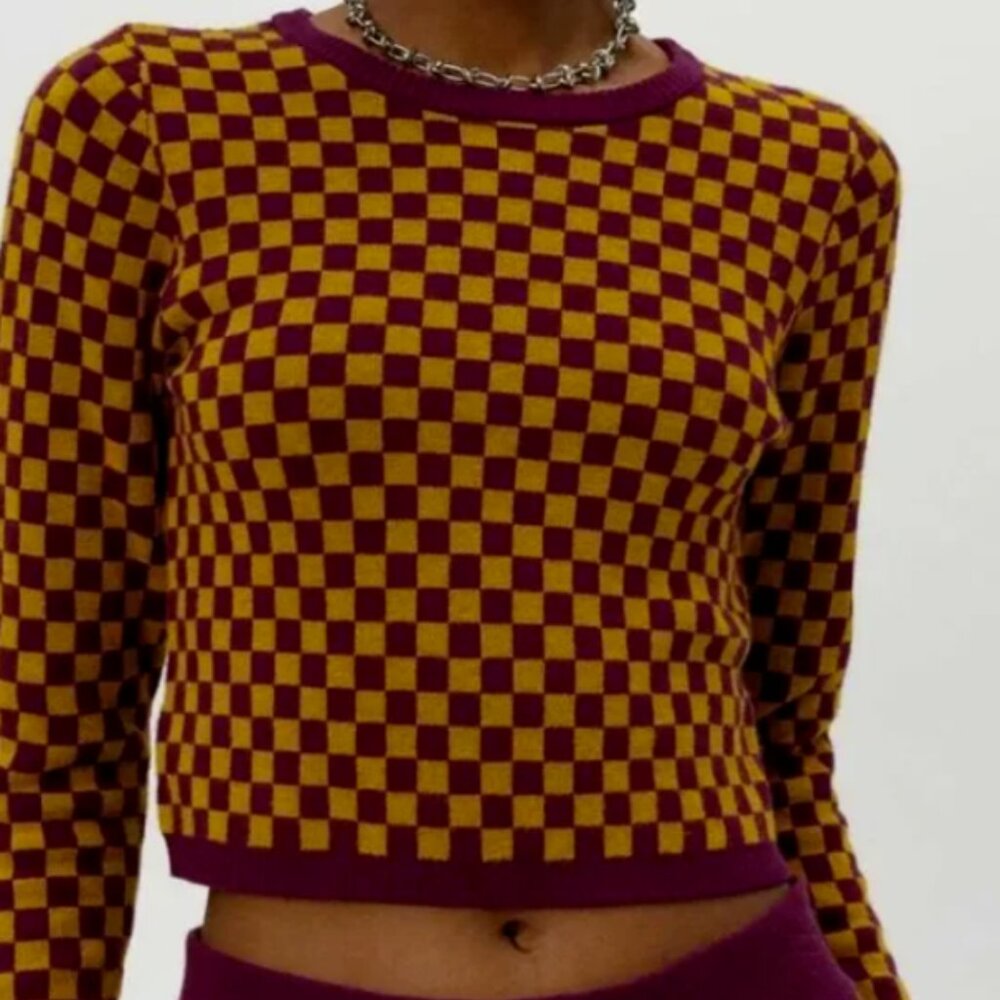 Daydreamer Crop Sweater Cozy Fig Check Long Sleeve Preppy Y2K Size XS NEW